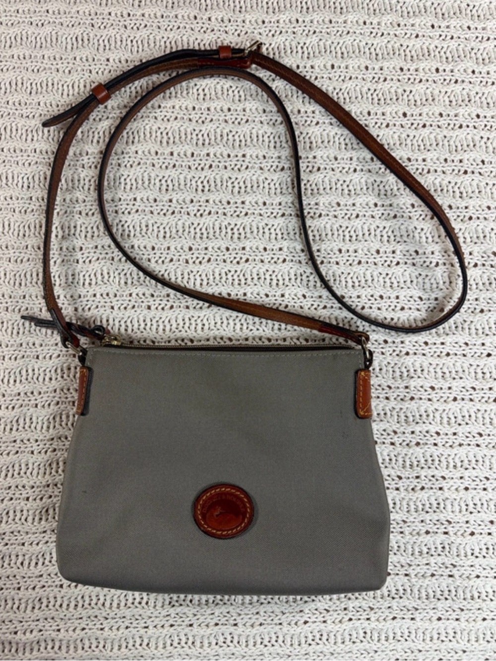 Dooney & Bourke Pouchette Crossbody Canvas Bag - Gray with Brown Leather Strap